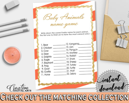 NAME The BABY ANIMALS baby shower game with orange white stripe theme printable, glitter gold, digit Jpg Pdf, instant download - bs003