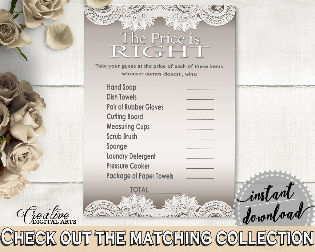 Traditional Lace Bridal Shower The Price Is Right Game in Brown And Silver, price game, elegant bridal, customizable files, prints - Z2DRE - Digital Product