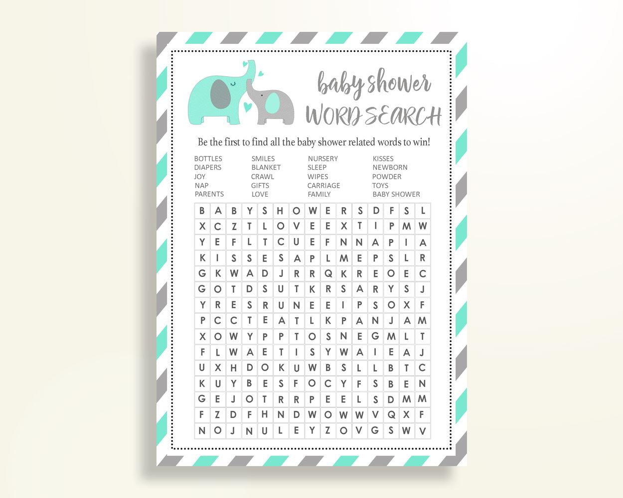 Word Search Baby Shower Word Search Turquoise Baby Shower Word Search Baby Shower Elephant Word Search Green Gray party organizing pdf 5DMNH - Digital Product