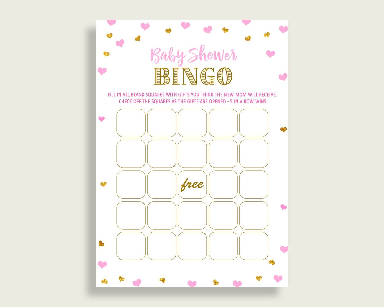 Empty Bingo Baby Shower Empty Bingo Hearts Baby Shower Empty Bingo Baby Shower Hearts Empty Bingo Pink Gold party decorations bsh01