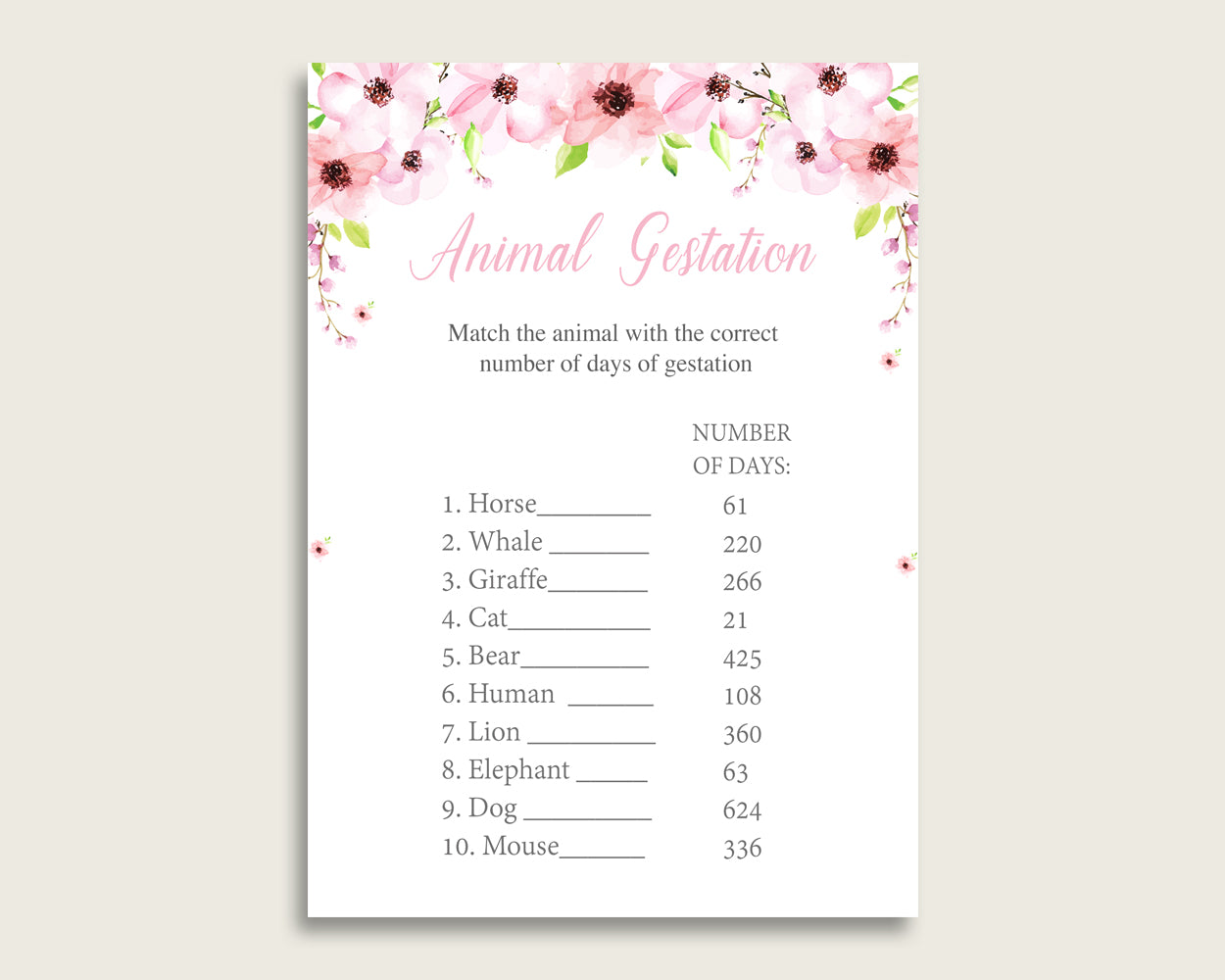 Flower Blush Animal Pregnancy Gestation Game, Pink Green Baby Shower Girl Printable Activities, Instant Download, Cute Flowers VH1KL