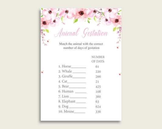 Flower Blush Animal Pregnancy Gestation Game, Pink Green Baby Shower Girl Printable Activities, Instant Download, Cute Flowers VH1KL