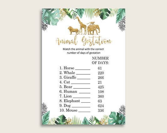 Jungle Animal Pregnancy Gestation Game, Gold Green Baby Shower Gender Neutral Printable Activities, Instant Download, Tropical Animals EJRED