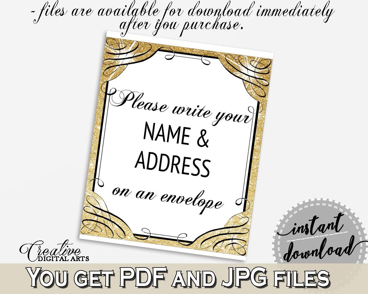 Gold And Yellow Glittering Gold Bridal Shower Theme: Write Your Name And Address Sign - shower address sign, pdf jpg, printables - JTD7P - Digital Product