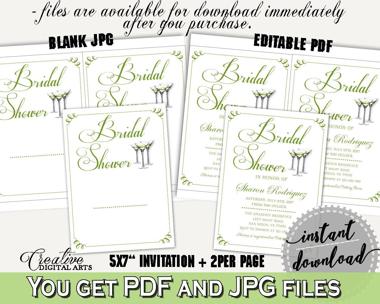 Invitation Bridal Shower Invitation Modern Martini Bridal Shower Invitation Bridal Shower Modern Martini Invitation Green White pdf ARTAN - Digital Product