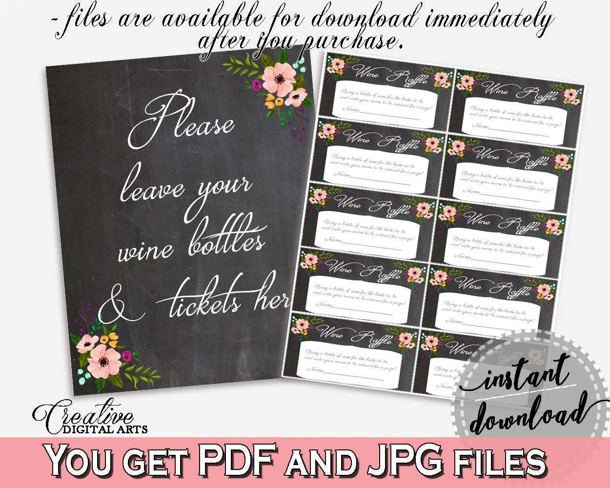 Black And Pink Chalkboard Flowers Bridal Shower Theme: Wine Raffle - sign and card, blackboard bridal, bridal shower idea, prints - RBZRX - Digital Product