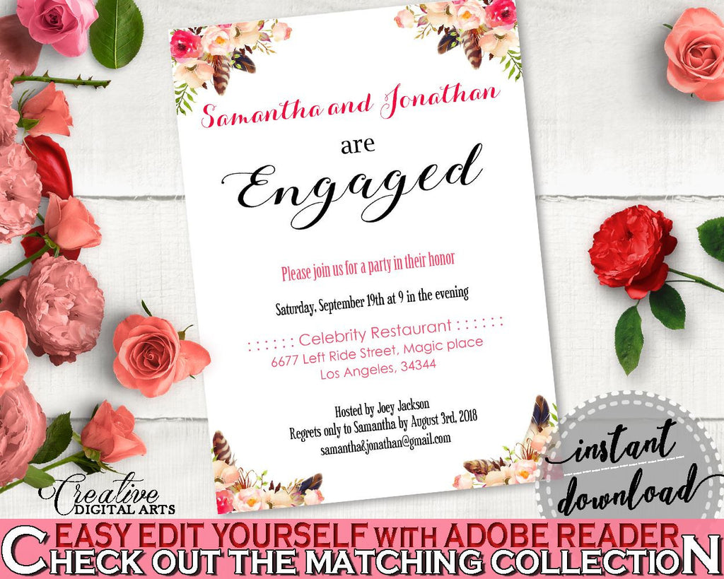 Bohemian Flowers Bridal Shower Engagement Party Invitation Editable in Pink And Red, editable pdf, floral boho, prints, party décor - 06D7T - Digital Product