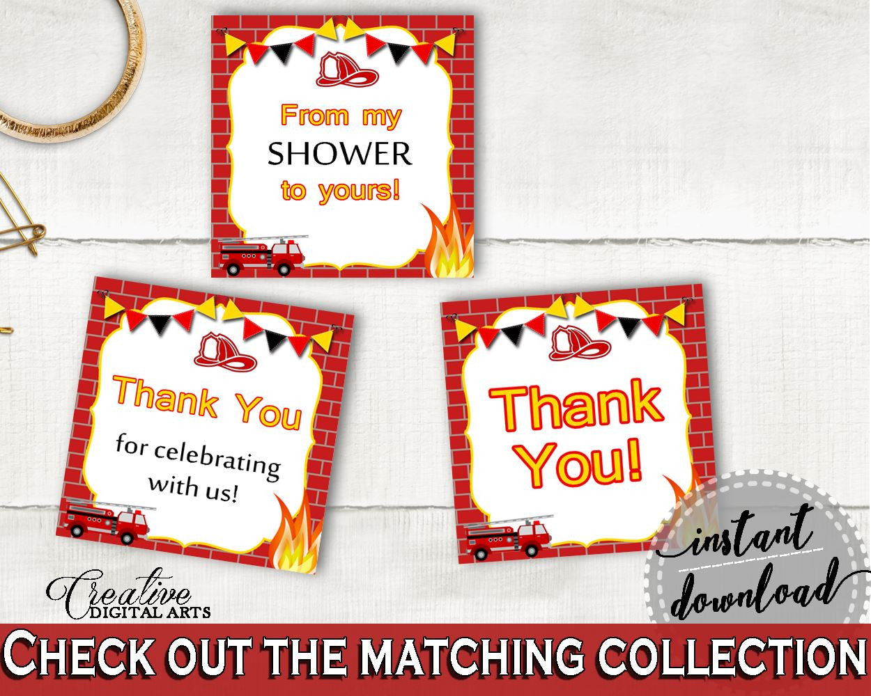 Square Tags Baby Shower Square Tags Fireman Baby Shower Square Tags Red Yellow Baby Shower Fireman Square Tags printable files - LUWX6 - Digital Product