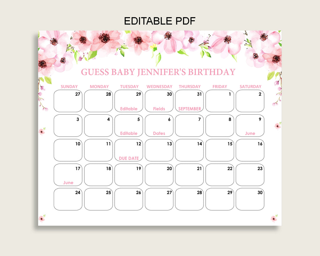 Pink Green Guess Baby Due Date Calendar Game Printable, Flower Blush Baby Shower Girl Birthday Prediction Calendar Editable, Instant VH1KL