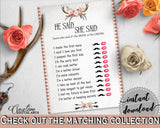 Antlers Flowers Bohemian Bridal Shower He Said She Said Game in Gray and Pink, romantic ideas, vintage shower, printables, prints - MVR4R - Digital Product
