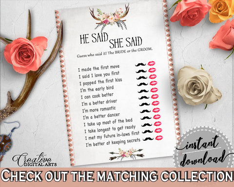 Antlers Flowers Bohemian Bridal Shower He Said She Said Game in Gray and Pink, romantic ideas, vintage shower, printables, prints - MVR4R - Digital Product