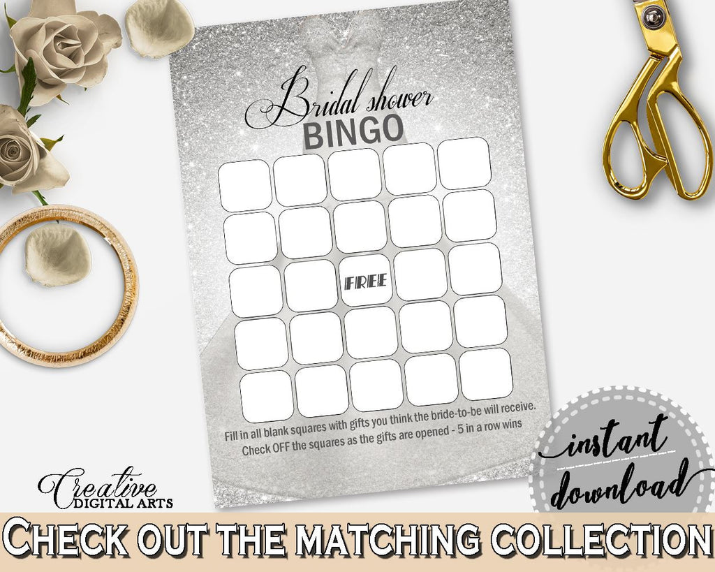 Bingo Gift Game in Silver Wedding Dress Bridal Shower Silver And White Theme, bingo presents, glittering bridal, digital print - C0CS5 - Digital Product