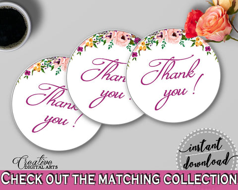 Thank You Tag in Watercolor Flowers Bridal Shower White And Pink Theme, round favor stickers, bridal shower floral, party ideas - 9GOY4 - Digital Product