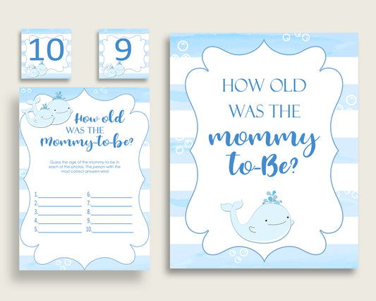 Blue White How Old Was The Mommy To Be, Boy Baby Shower Game Printable, Whale Guess Mommy's Age Game, Instant Download, Light Blue wbl01