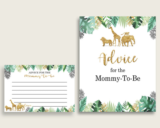 Jungle Advice For Mommy To Be Cards & Sign, Printable Baby Shower Gold Green Advice For New Parents, Instant Download, Cute Animals EJRED