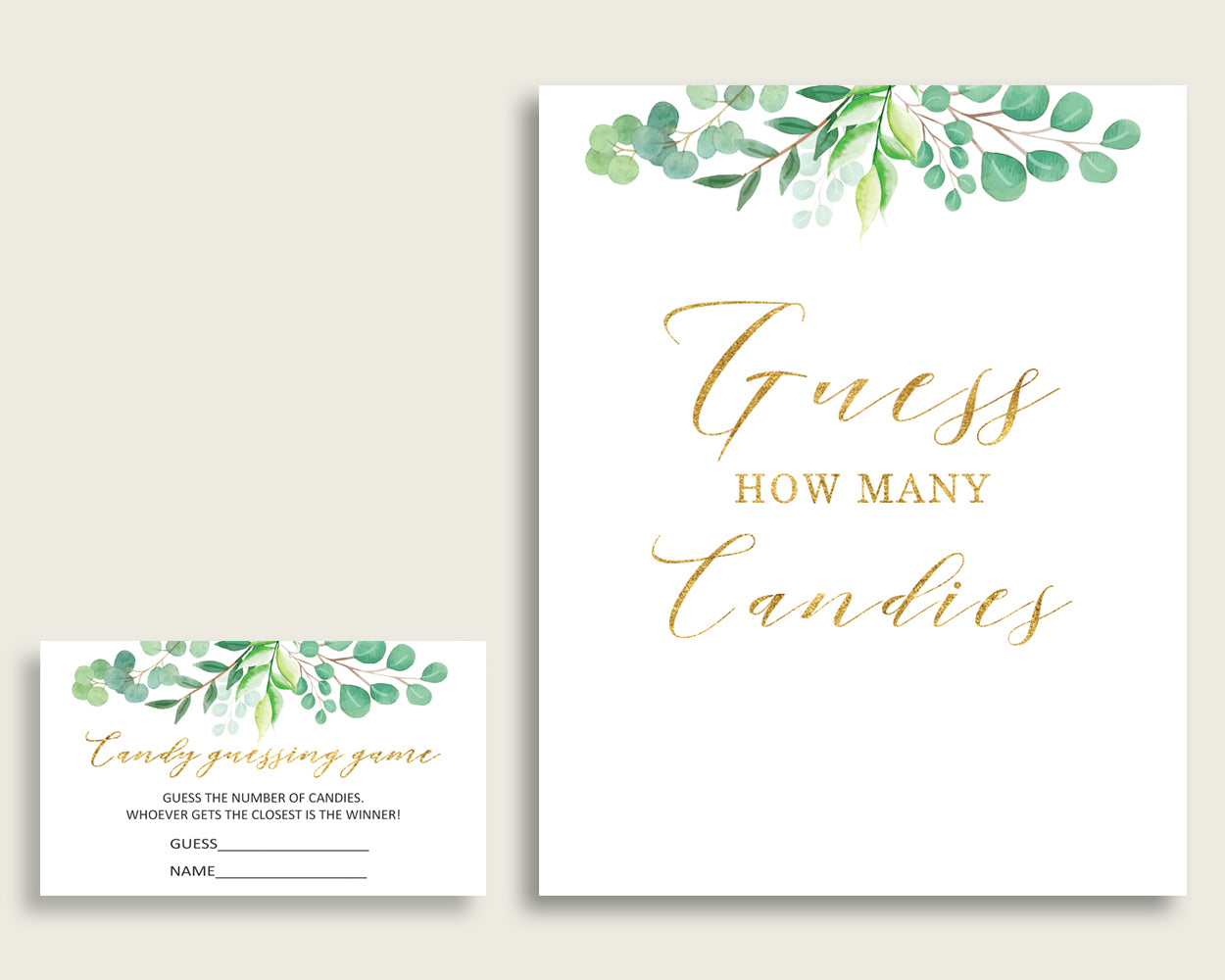 Green Gold Candy Guessing Game, Greenery Baby Shower Gender Neutral Sign And Cards, Guess How Many Candies, Candy Jar Game, Jelly Y8X33