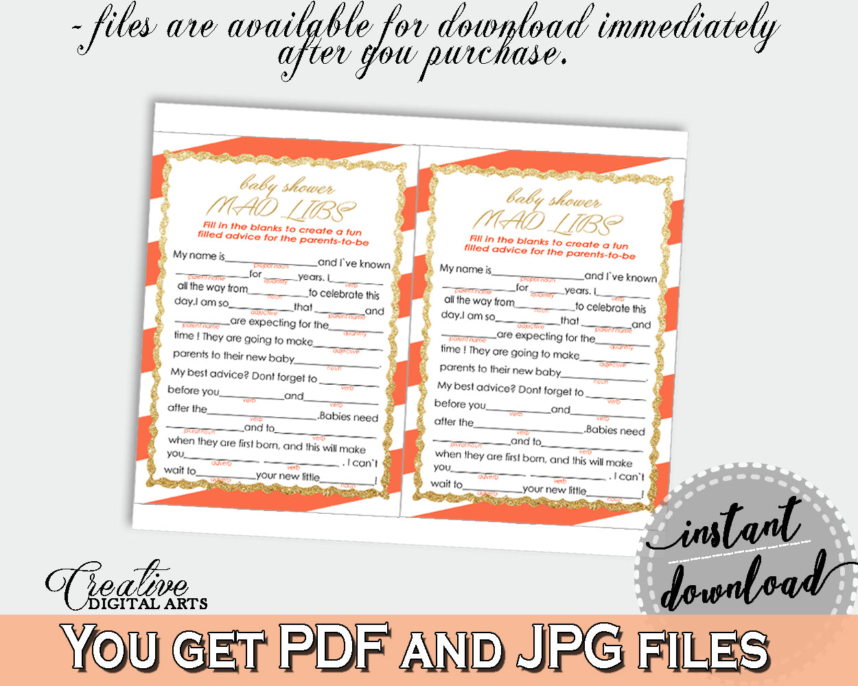 MAD LIBS baby shower game with glitter gold and orange stripes theme printable, gender neutral, digital Jpg Pdf, instant download - bs003