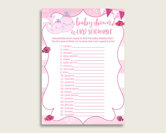 Girl Baby Shower Word Scramble Game Printable, Cute Pink Whale Pink White Word Scramble, Funny Activity, Instant Download, Popular wbl02