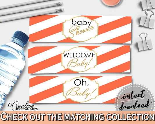 Baby shower BOTTLE LABELS printable with glitter gold orange stripe theme, gender neutral, digital files Pdf Jpg, instant download - bs003