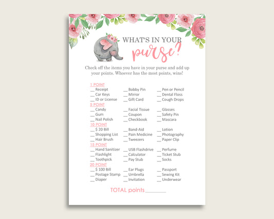 Pink Elephant What's In Your Purse Game Printable, Pink Grey Whats In Your Purse, Girl Baby Shower Purse Game, Instant Download, ep001