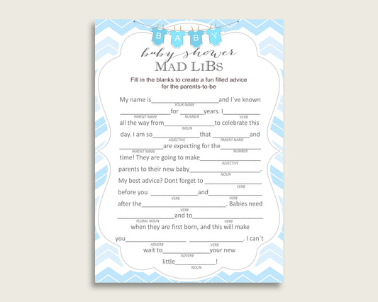 Blue White Mad Libs Baby Shower Boy Game Printable, Chevron Mad Libs Fun Activity, DIY digital file, Light Blue Zig Zag Theme cbl01