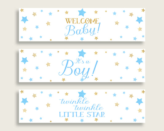 Blue Gold Water Bottle Labels Printable, Stars Water Bottle Wraps, Stars Baby Shower Boy Bottle Wrappers, Instant Download, bsr01