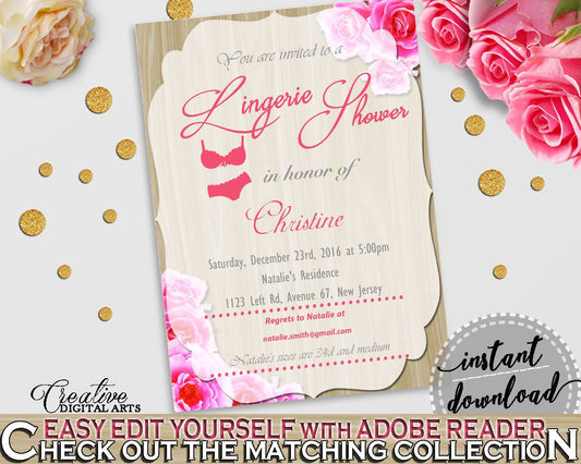 Lingerie Shower Invitation Editable in Roses On Wood Bridal Shower Pink And Beige Theme, bridal lingerie, party decorations - B9MAI - Digital Product