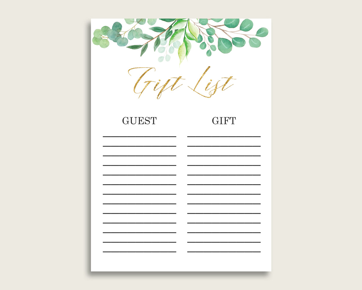 Greenery Baby Shower Gift List, Green Gold Gift List Printable, Gender Neutral Baby Shower Gift Checklist Sheet, Instant Download, Y8X33