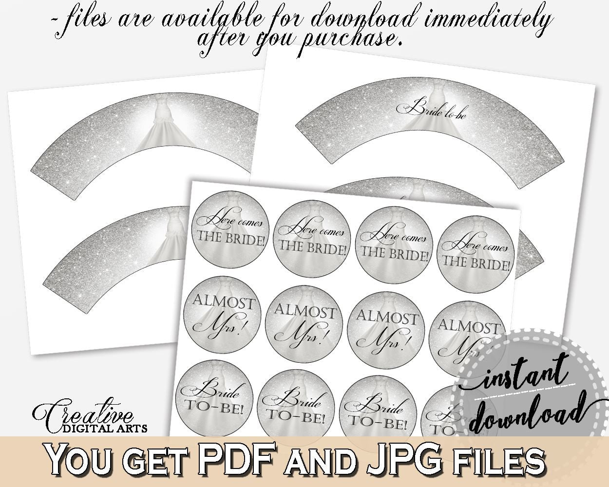 Cupcake Toppers And Wrappers in Silver Wedding Dress Bridal Shower Silver And White Theme, cupcake cover, party theme, party decor - C0CS5 - Digital Product