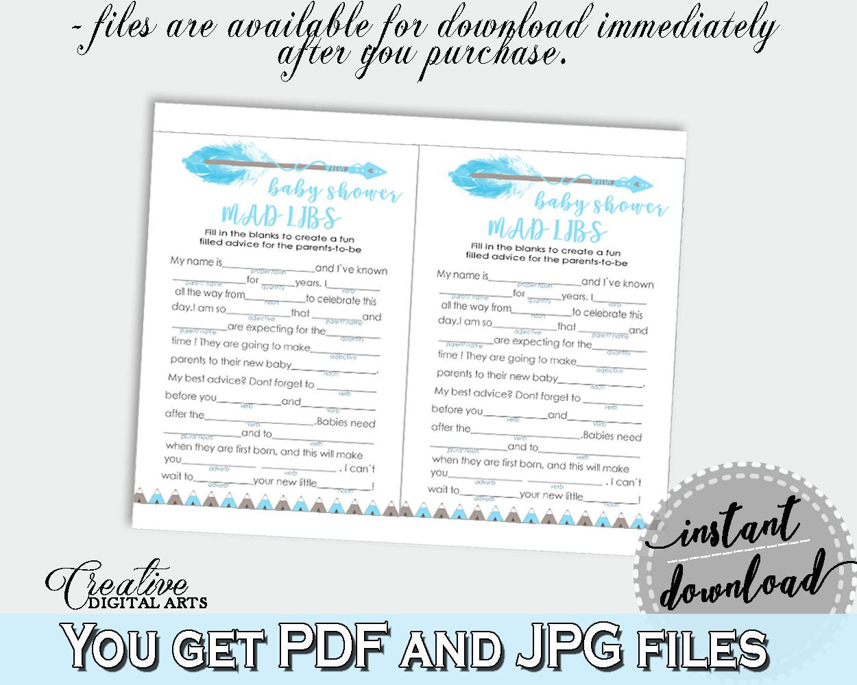 Mad Libs Baby Shower Mad Libs Aztec Baby Shower Mad Libs Blue White Baby Shower Aztec Mad Libs printable - QAQ18 - Digital Product