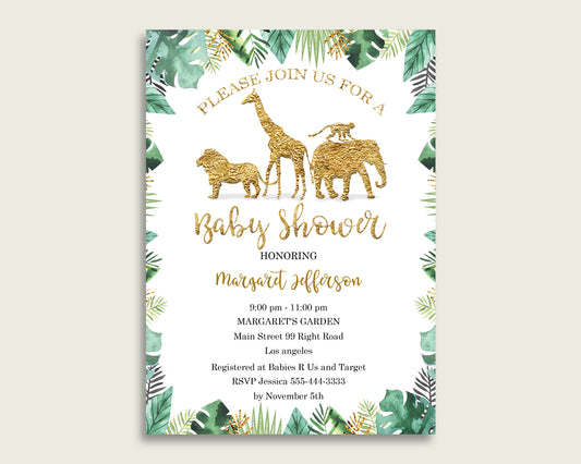 Jungle Baby Shower Invitations Printable, Digital Or Printed Invitation Baby Shower Gender Neutral, Editable Invitation Gold Green EJRED