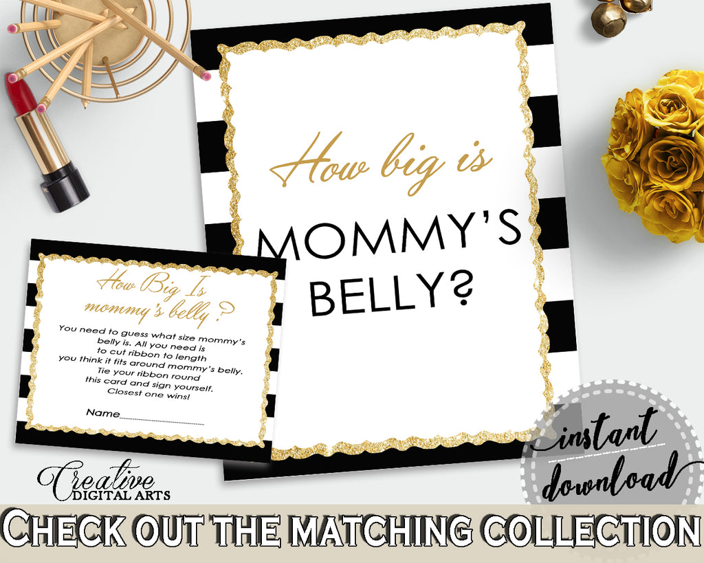 How Big Is MOMMY'S BELLY baby shower game with white black color stripes theme printable, glitter gold, Jpg Pdf, instant download - bs001