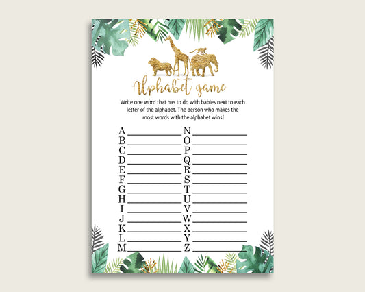 Gold Green Alphabet Baby Shower Gender Neutral Game, Jungle A-Z Guessing Baby Game Printable, ABC's Baby Item Name Game, Instant EJRED