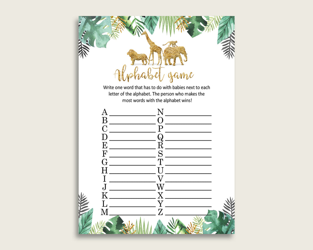 Gold Green Alphabet Baby Shower Gender Neutral Game, Jungle A-Z Guessing Baby Game Printable, ABC's Baby Item Name Game, Instant EJRED