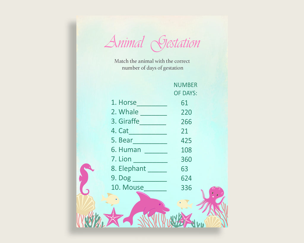 Under The Sea Animal Pregnancy Gestation Game, Pink Green Baby Shower Girl Printable Activities, Instant Download, Sea Creatures Sea uts01