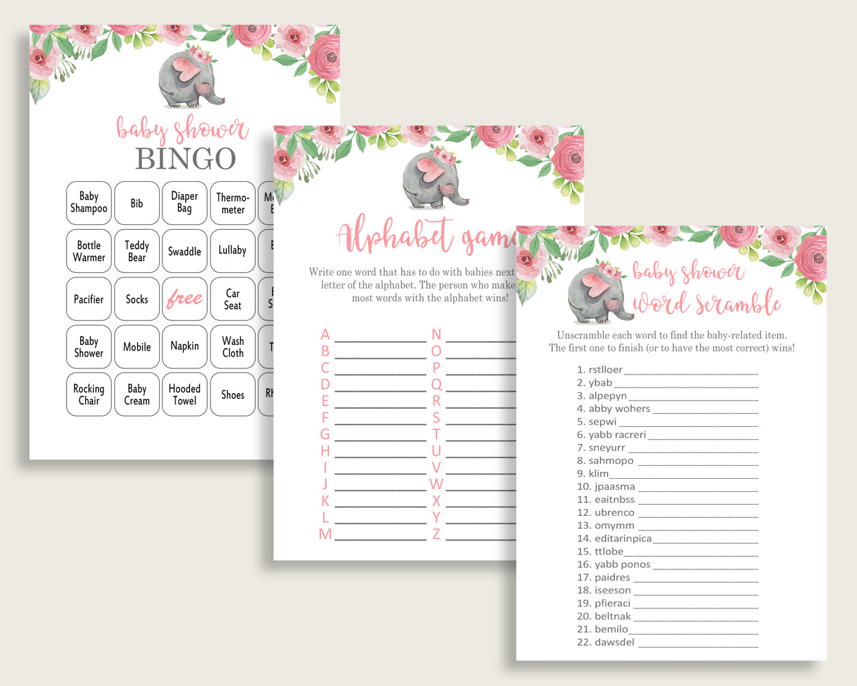 Pink Elephant Baby Shower Games Printable Pack, Pink Grey Baby Shower Games Package Girl, Pink Elephant Games Bundle Set, Instant ep001