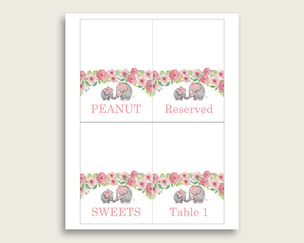 Pink Elephant Folded Food Tent Cards Printable, Pink Grey Editable Pdf Buffet Labels, Girl Baby Shower Food Place Cards, Instant ep001