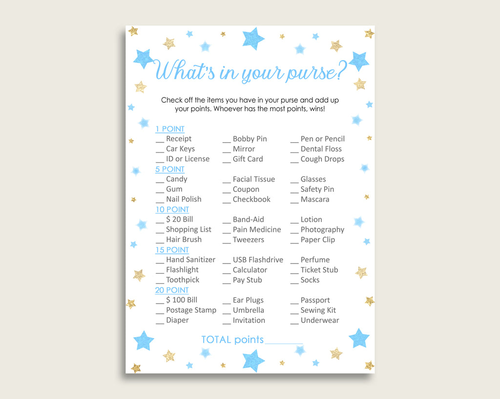 Stars What's In Your Purse Game Printable, Blue Gold Whats In Your Purse, Boy Baby Shower Purse Game, Instant Download, Most Popular bsr01