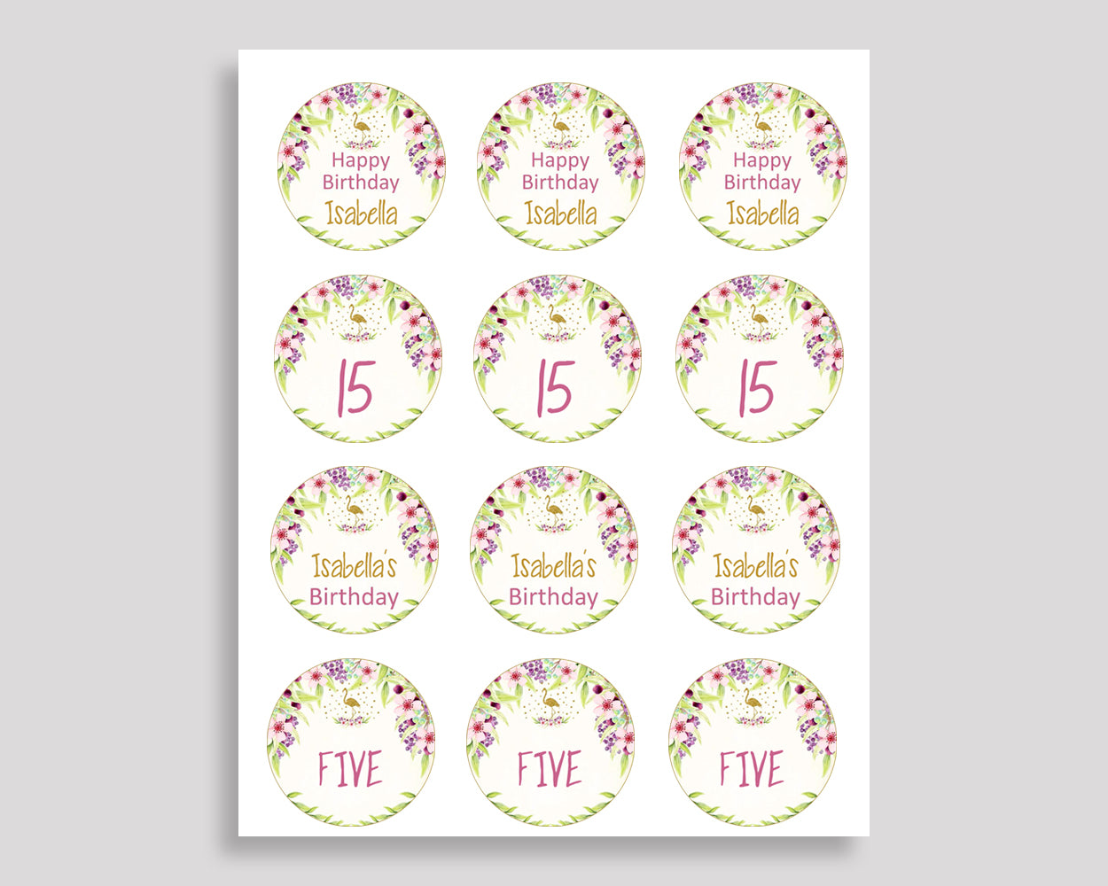 Flamingo Birthday Cupcake Toppers, Glitter Birthday Cupcake Wrappers, Editable Gold Green Toppers Wrappers Girl, Digital Download, P3SIV