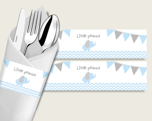 Elephant Baby Shower Napkin Rings Printable, Blue Grey Napkin Wrappers, Boy Shower Utensils Wrap, Instant Download, Most Popular ebl02