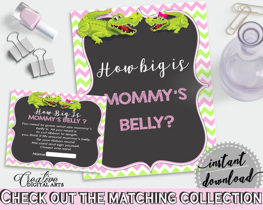 HOW BIG IS MOMMY'S BELLY baby shower game with green alligator and pink color theme, instant download - ap001