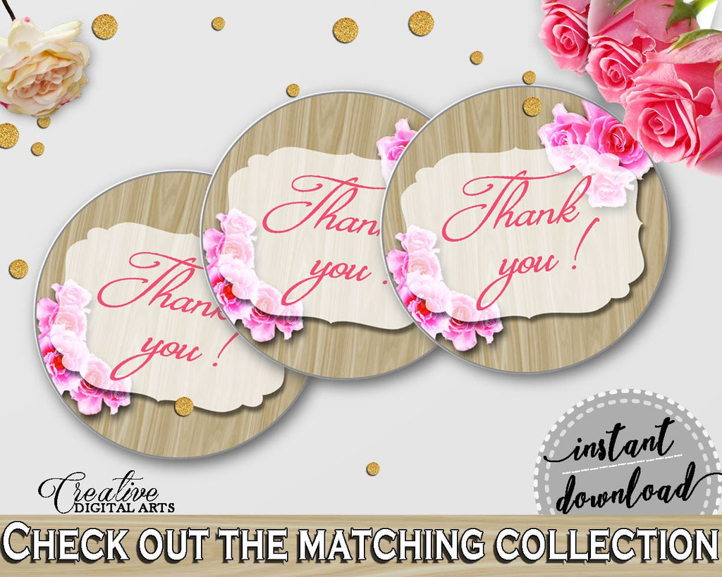 Thank You Tag in Roses On Wood Bridal Shower Pink And Beige Theme, round favour tags, couple shower, party supplies, party décor - B9MAI - Digital Product