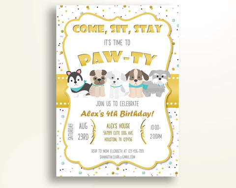 Dogs Birthday Invitation Dogs Birthday Party Invitation Dogs Birthday Party Dogs Invitation Boy Girl self editable gold white LUL2N - Digital Product