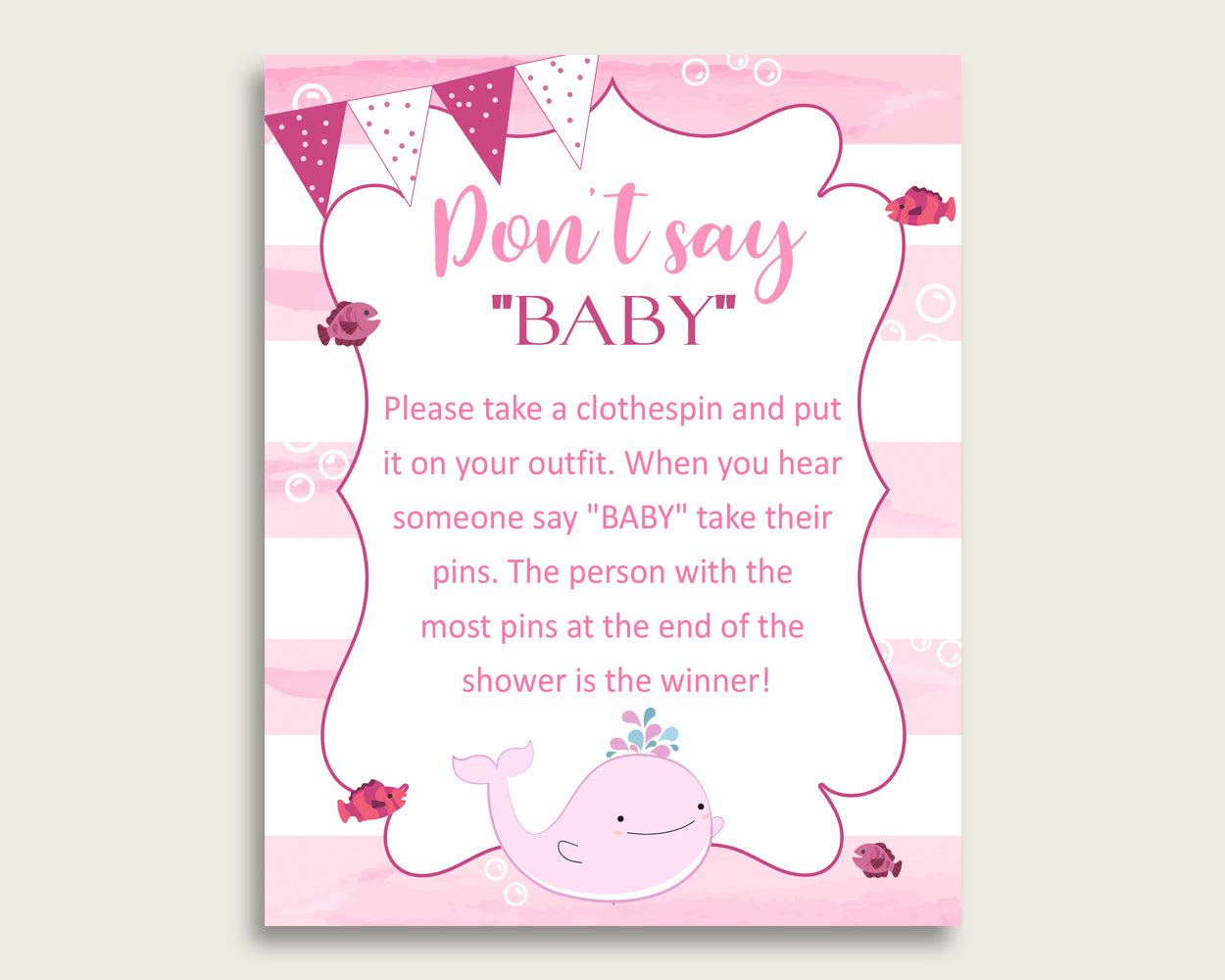 Pink White Don't Say Baby Printable Game, Girl Baby Shower Pink Whale Game Sign, Instant Download, 8x10, Popular Baby Whale wbl02