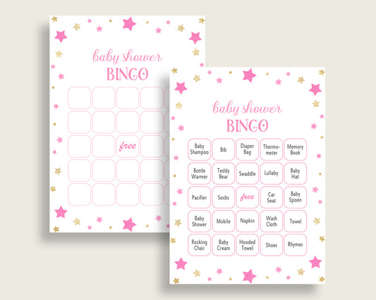 Twinkle Star Baby Shower Bingo Cards Printable, Pink Gold Baby Shower Girl, 60 Prefilled Bingo Game Cards, Cute Stars Most Popular bsg01