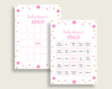 Twinkle Star Baby Shower Bingo Cards Printable, Pink Gold Baby Shower Girl, 60 Prefilled Bingo Game Cards, Cute Stars Most Popular bsg01