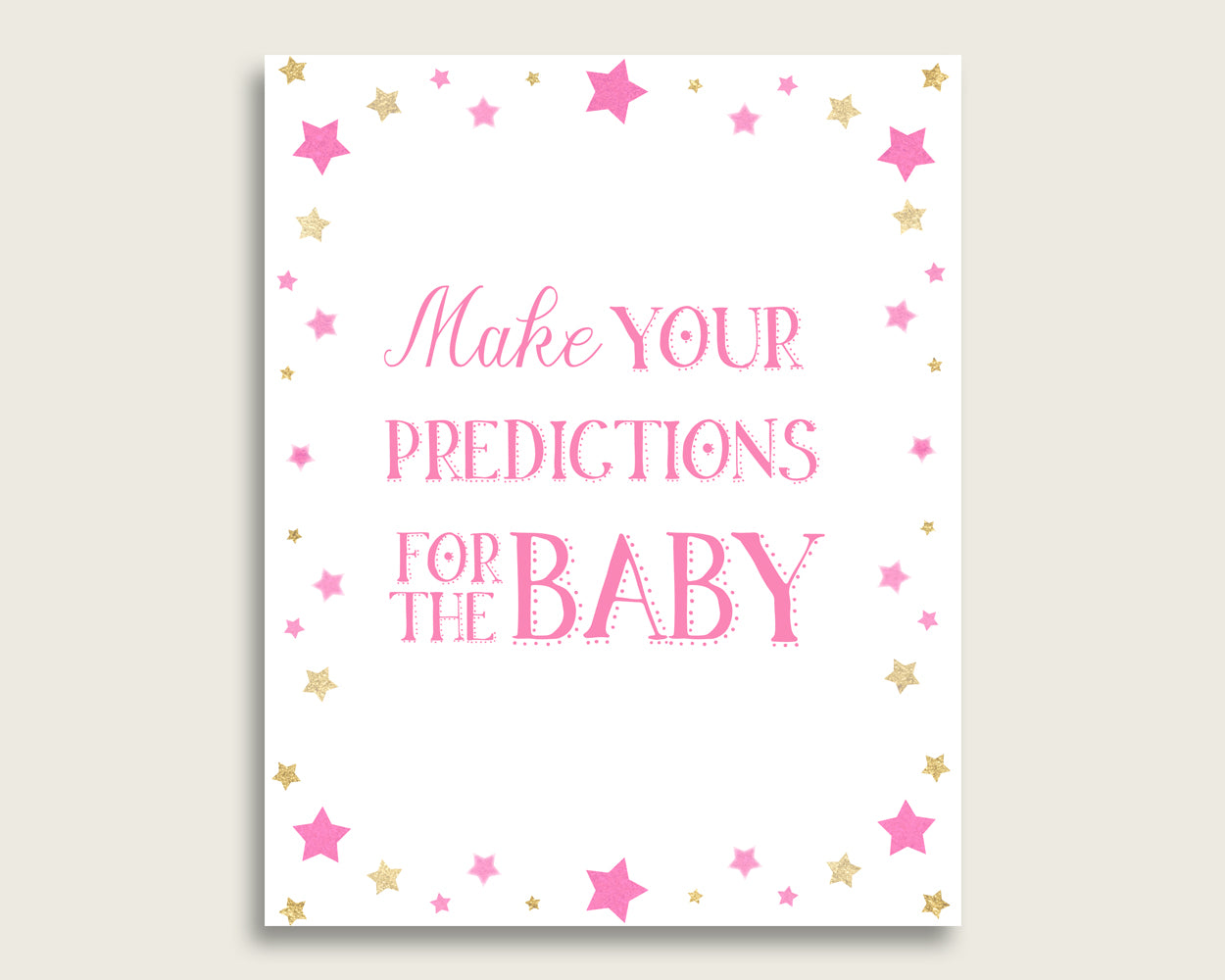 Twinkle Star Baby Shower Prediction Cards & Sign Printable, Pink Gold Baby Prediction Game Girl, Instant Download, Most Popular bsg01