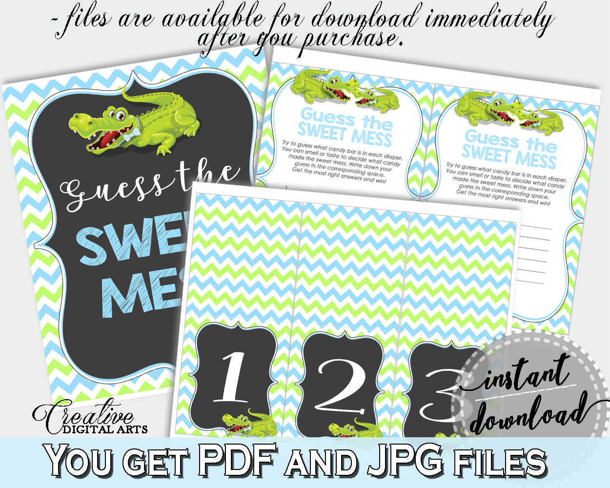 Baby shower GUESS THE SWEET MESS game cards tents and sign with green alligator and blue color theme, instant download - ap002