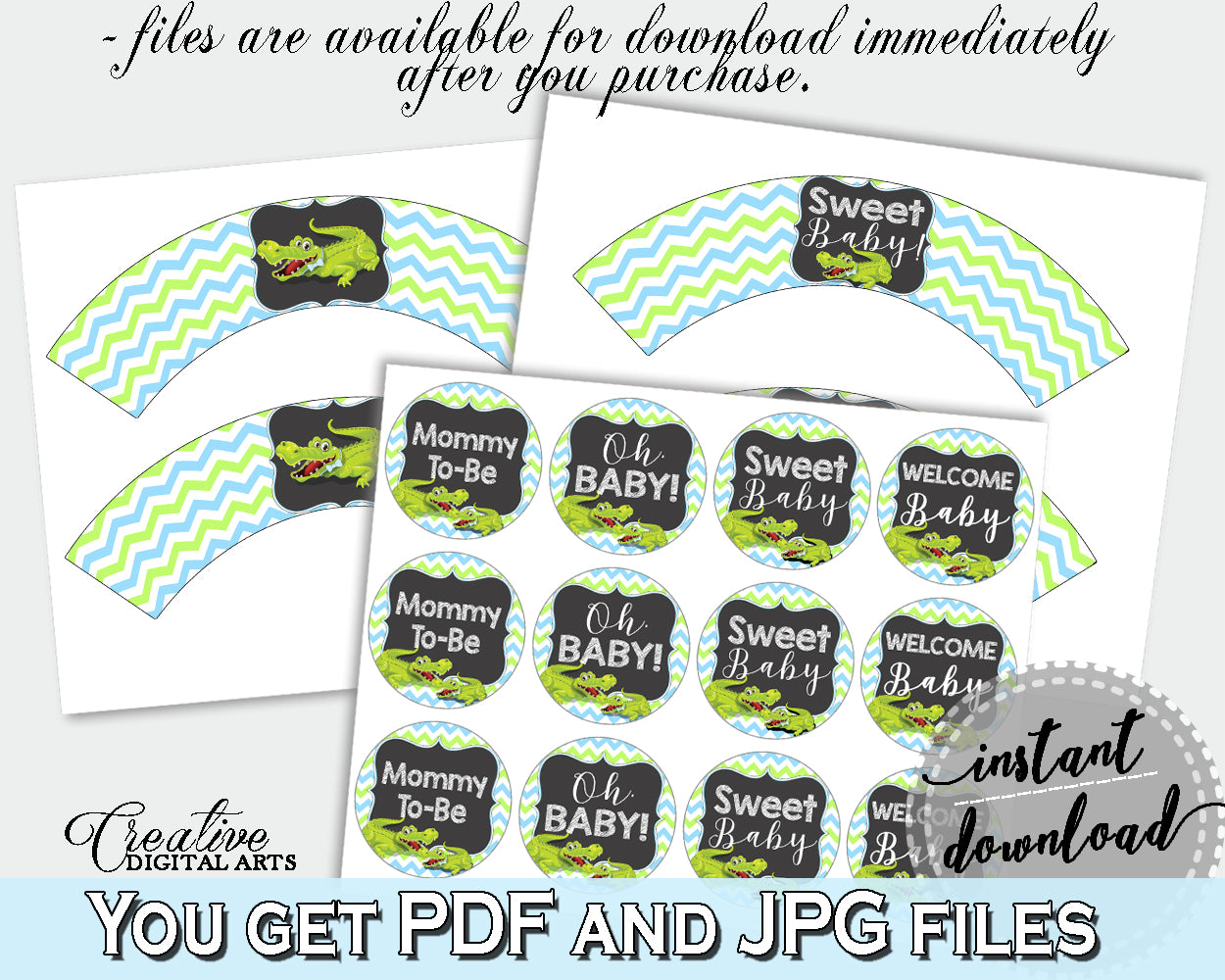 Baby shower CUPCAKE TOPPERS and CUPCAKE WRAPPERS printable with green alligator and blue color theme for boy, instant download - ap002