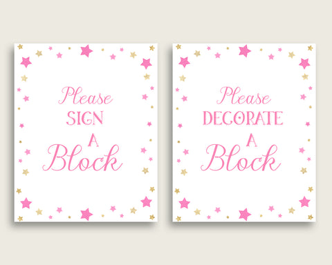 Pink Gold Please Sign A Block Sign and Decoarate A Block Sign Printables, Twinkle Star Girl Baby Shower Decor, Instant Download, bsg01